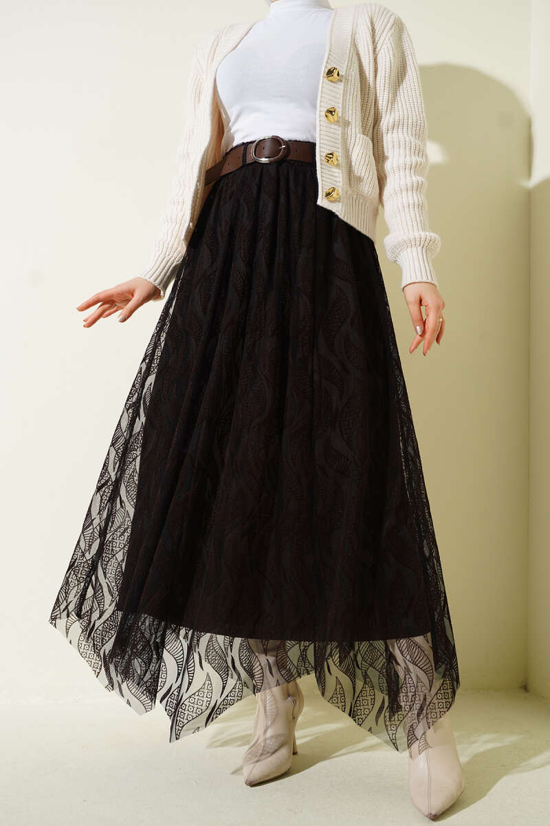 Belted Asymmetric Tulle Skirt - Dark Brown