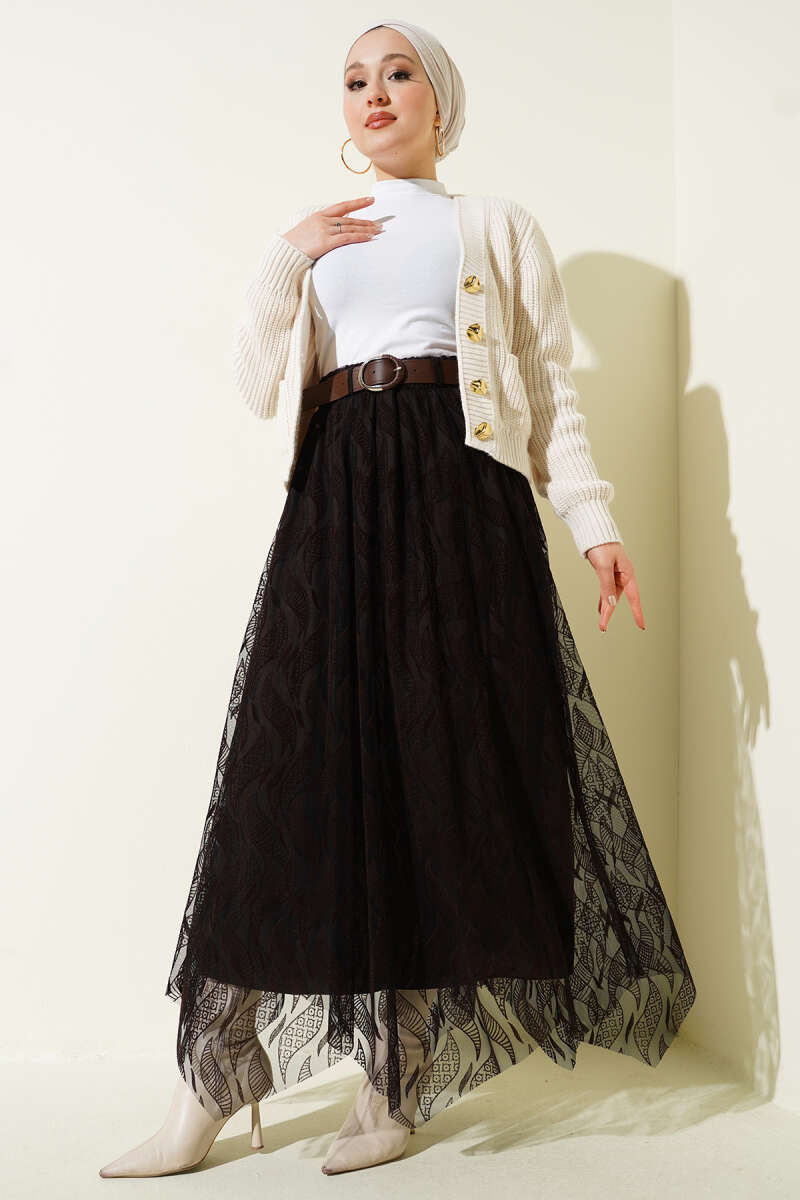 Belted Asymmetric Tulle Skirt - Dark Brown