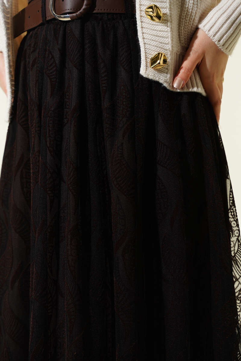 Belted Asymmetric Tulle Skirt - Dark Brown