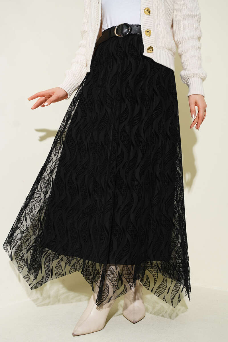 Belted Asymmetric Tulle Skirt - Black