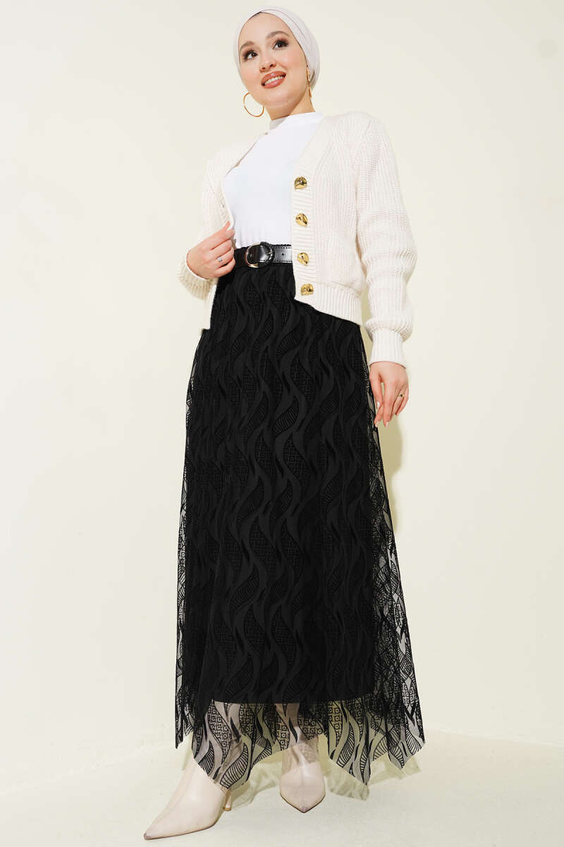 Belted Asymmetric Tulle Skirt - Black