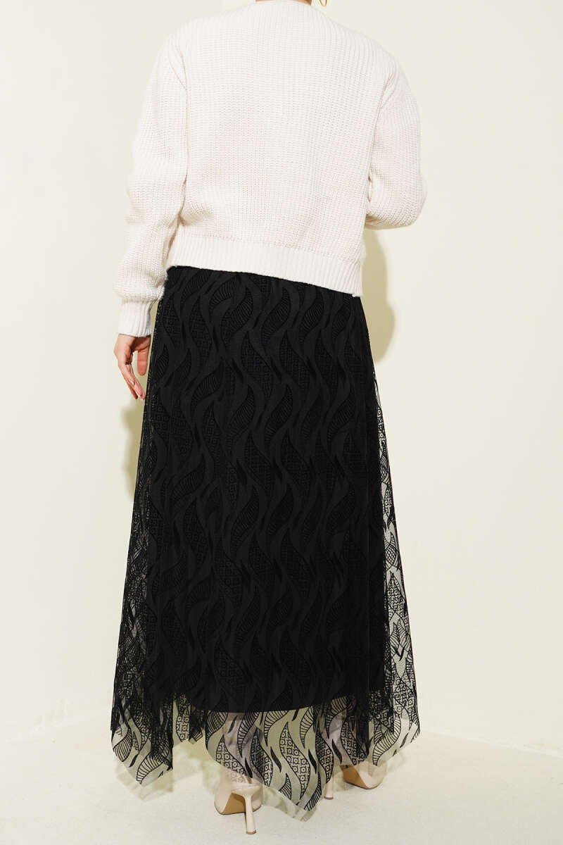 Belted Asymmetric Tulle Skirt - Black