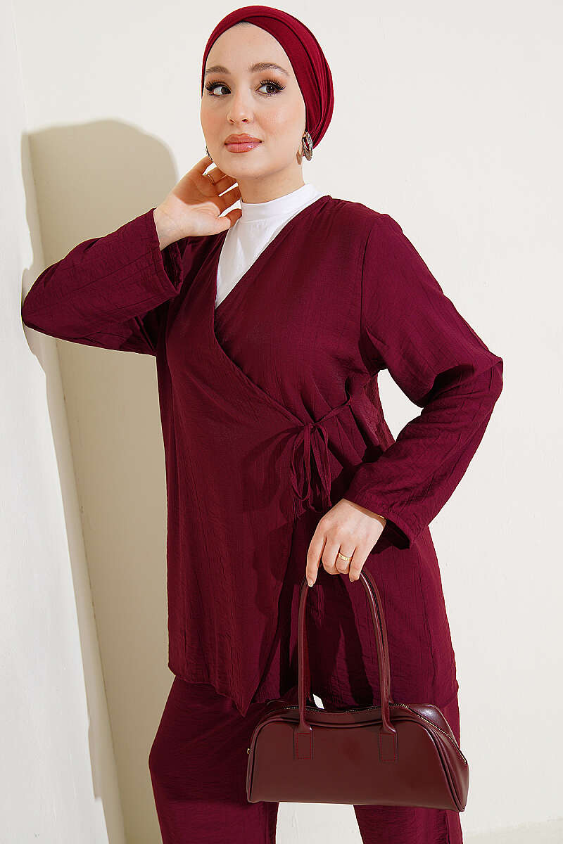 Asymmetric Two-Piece Set with Side Ties - Burgundy