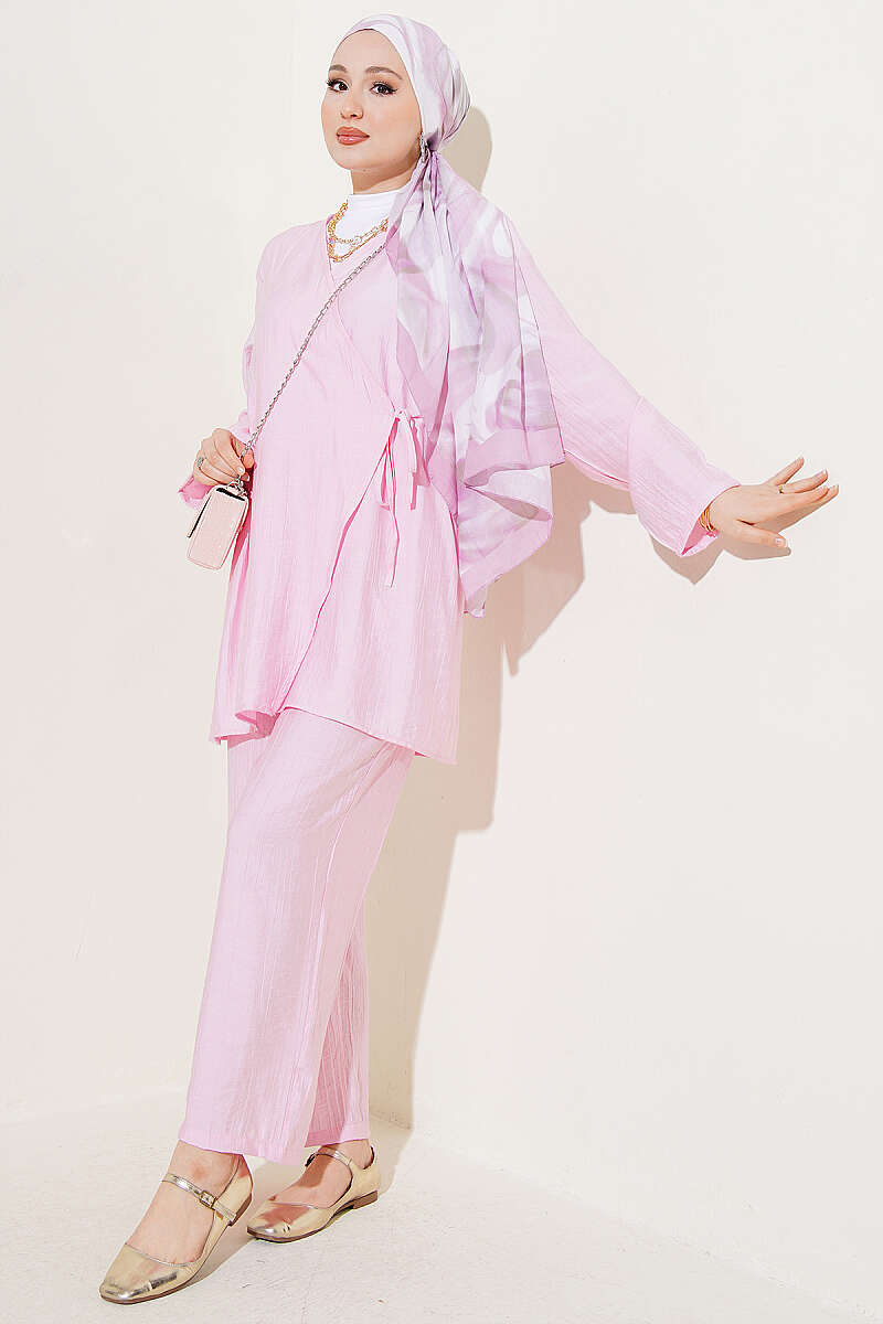 Asymmetric Two-Piece Set with Side Ties - Pink