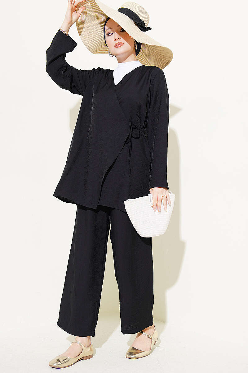 Asymmetric Two-Piece Set with Side Ties - Black