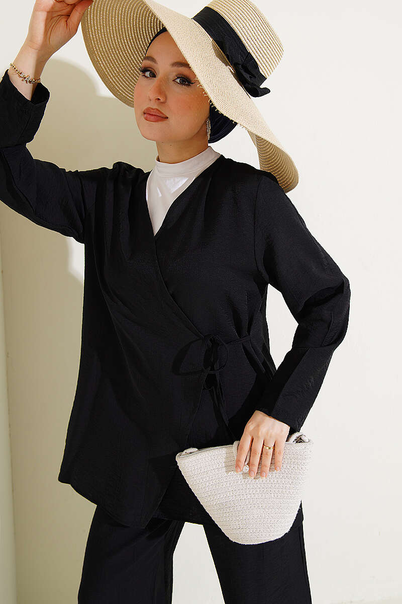 Asymmetric Two-Piece Set with Side Ties - Black