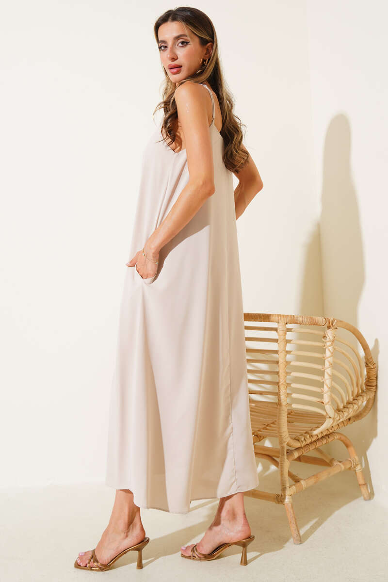 Basic Strappy Chiffon Midi Dress - Stone