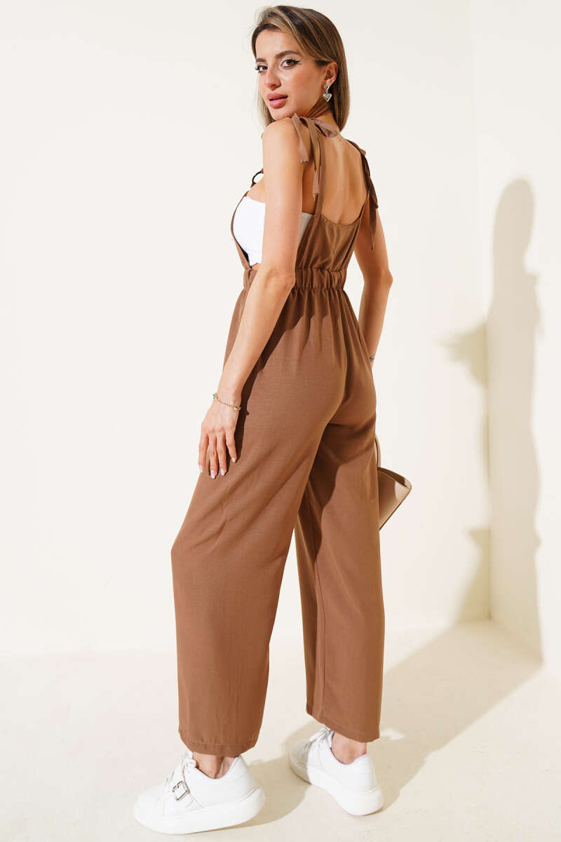 Strappy Jumpsuit with Elastic Waist and Pockets - Latte