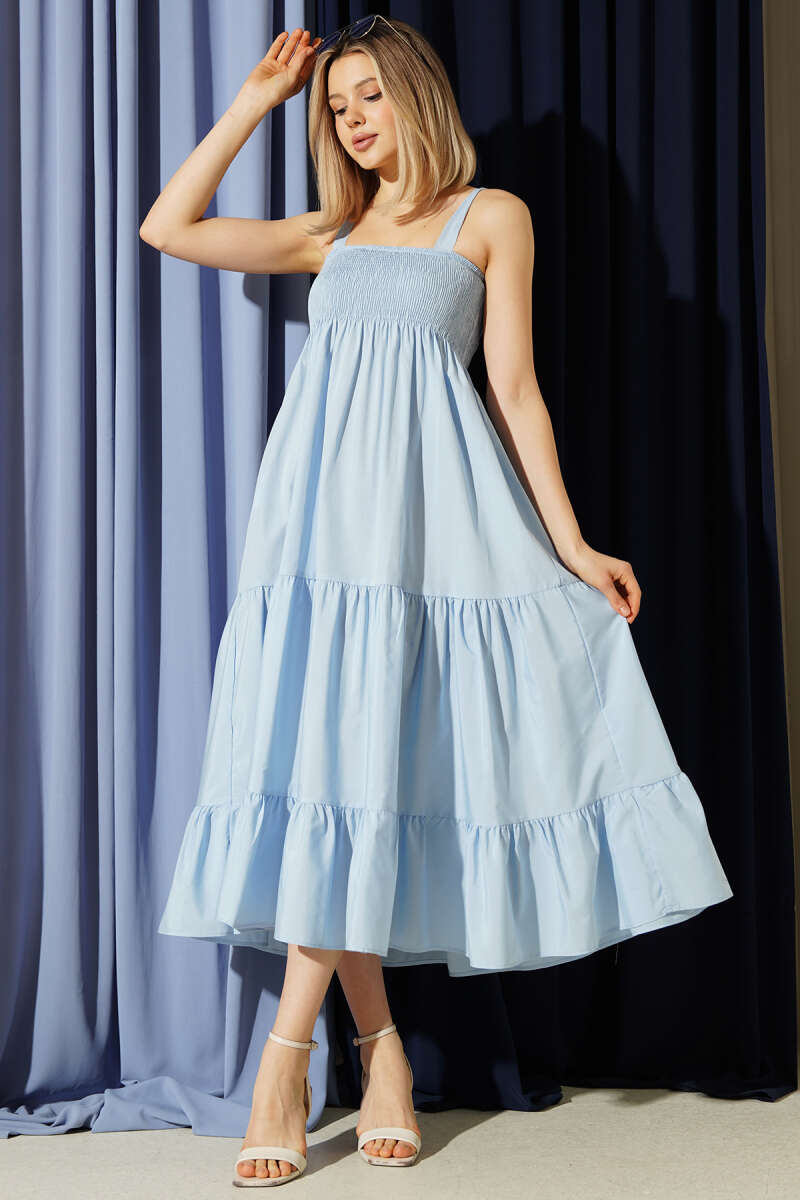 Strappy Tiered Guipure Midi Dress - Light Blue