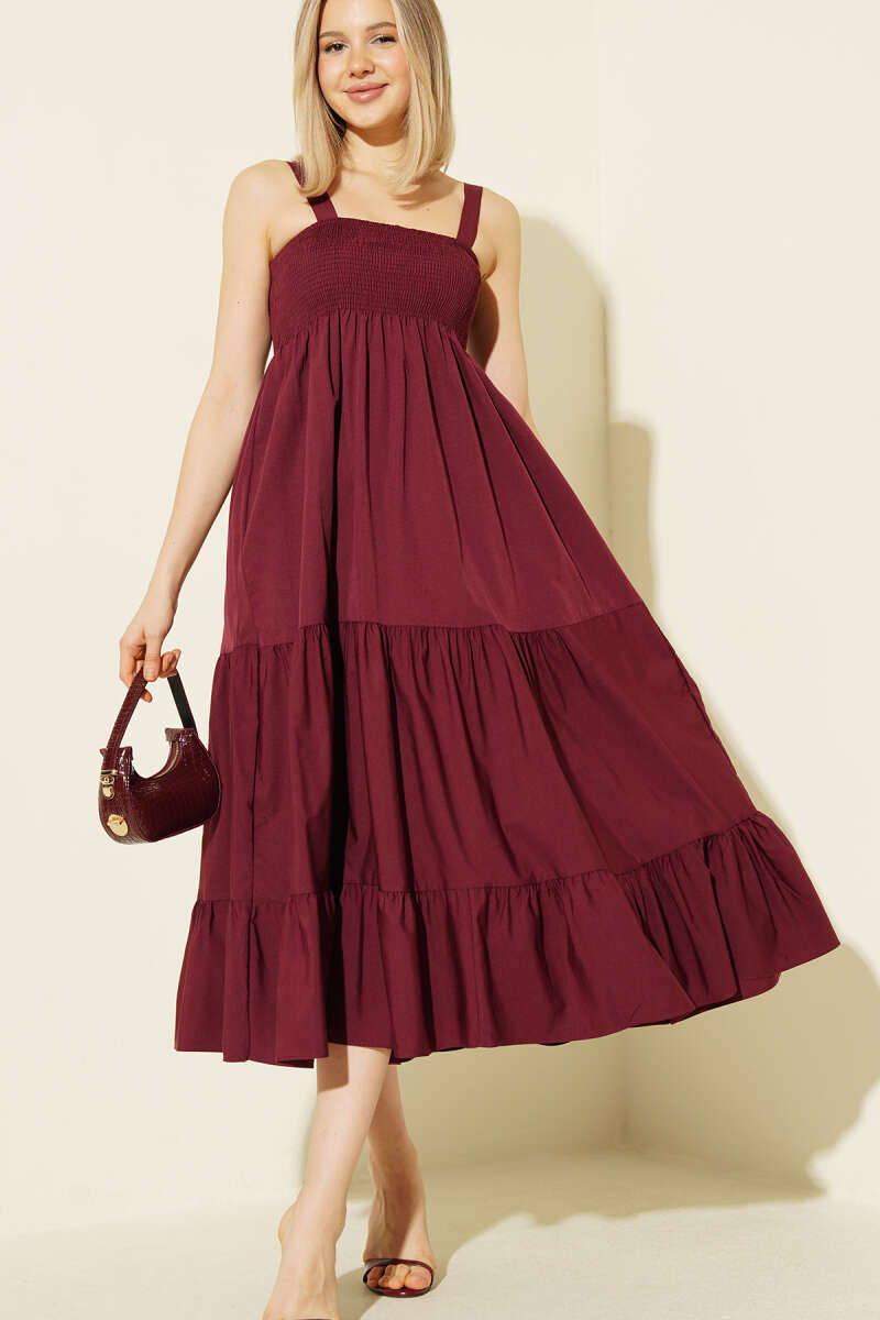 Strappy Tiered Guipure Midi Dress - Burgundy