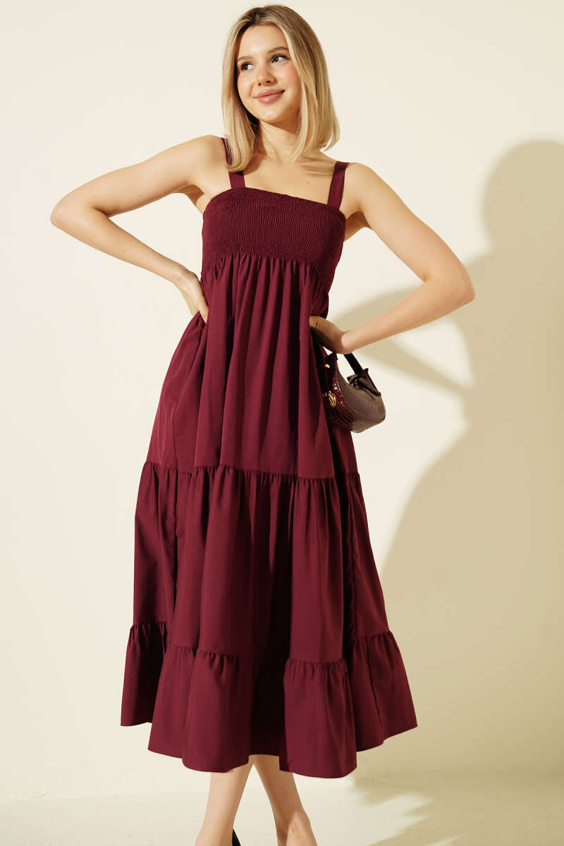 Strappy Tiered Guipure Midi Dress - Burgundy