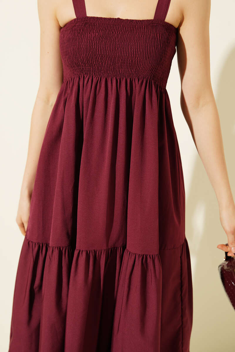 Strappy Tiered Guipure Midi Dress - Burgundy