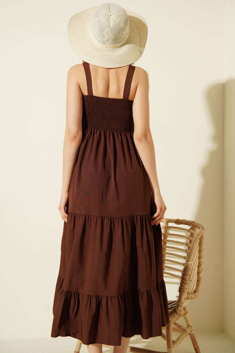 Strappy Tiered Guipure Midi Dress - Brown