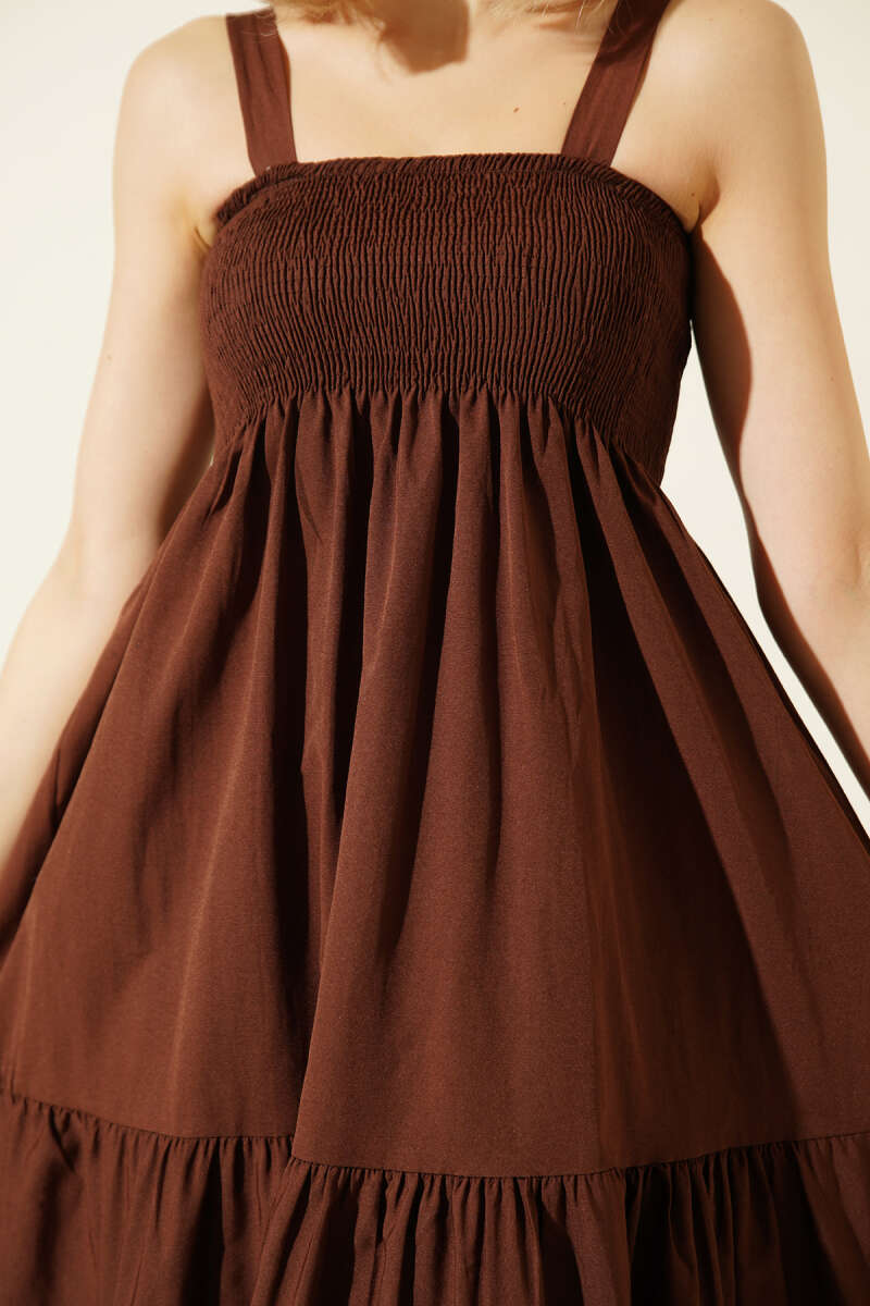 Strappy Tiered Guipure Midi Dress - Brown