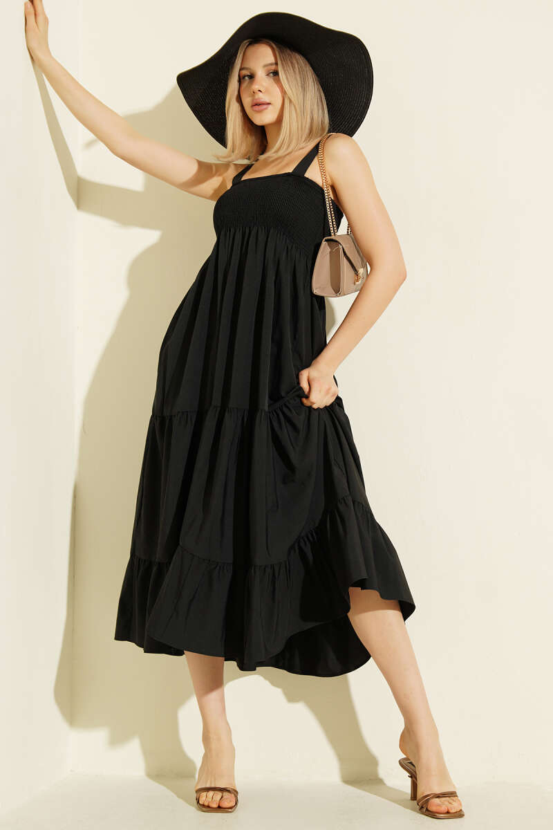 Strappy Tiered Guipure Midi Dress - Black