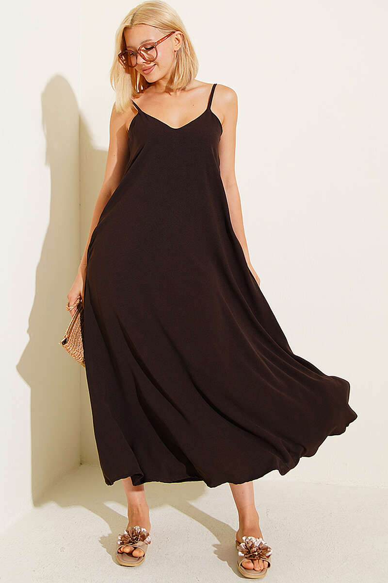 Strappy V-Neck Airobin Dress - Dark Brown