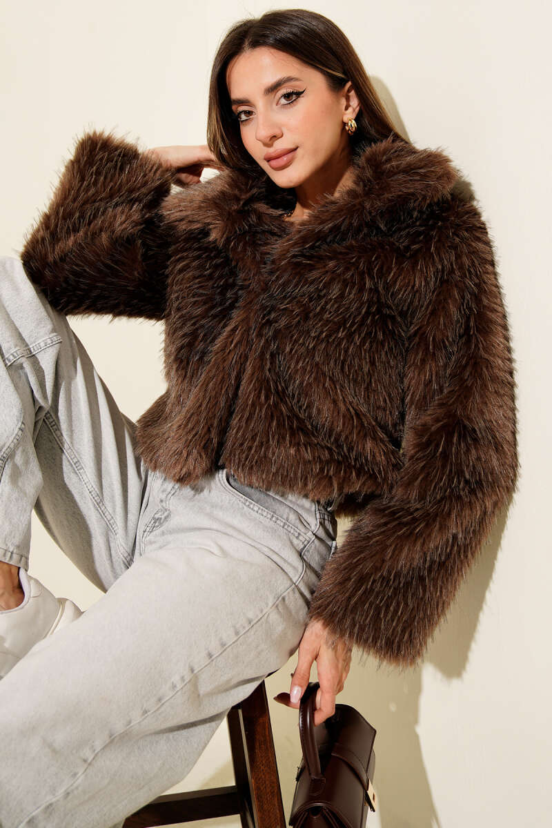 Lined Wrap Faux Fur Coat - Brown