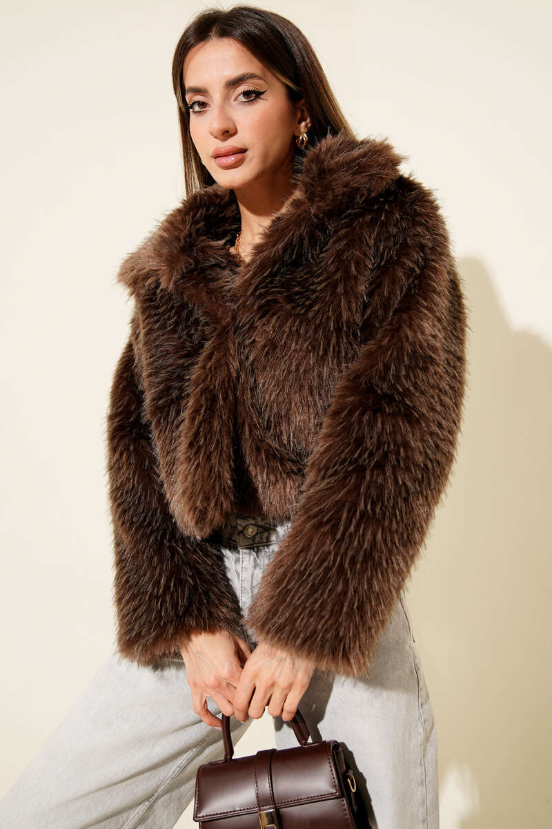 Lined Wrap Faux Fur Coat - Brown