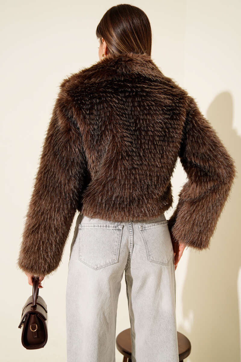 Lined Wrap Faux Fur Coat - Brown