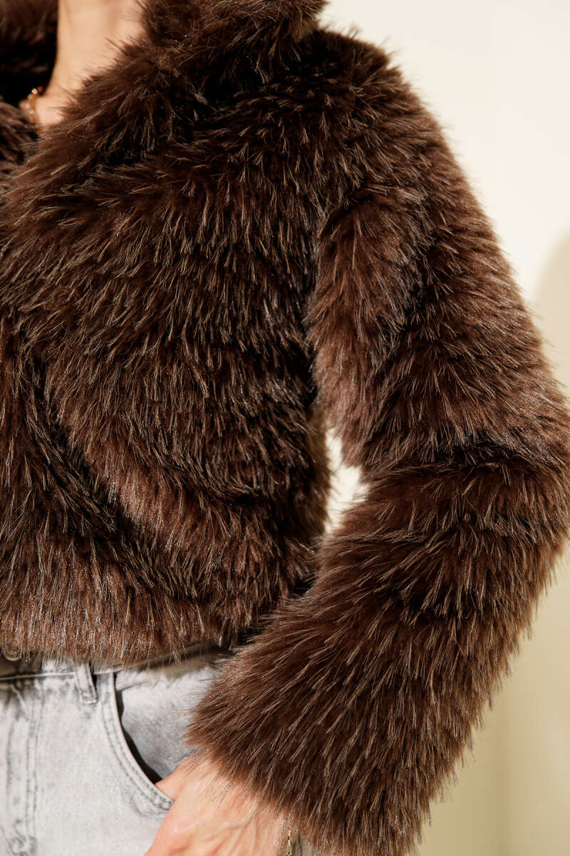Lined Wrap Faux Fur Coat - Brown