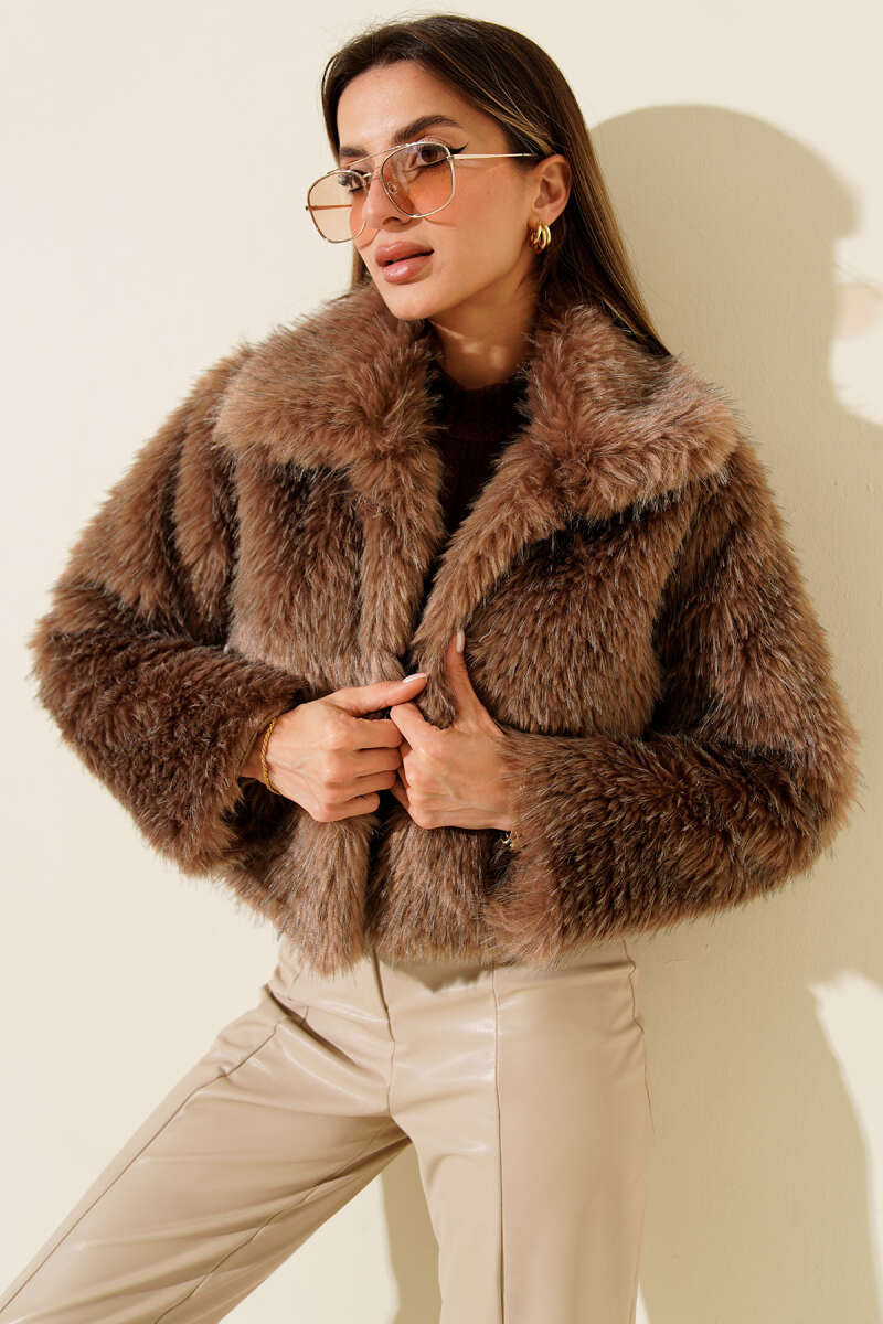 Lined Wrap Faux Fur Coat - Latte