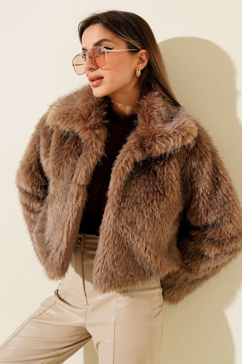 Lined Wrap Faux Fur Coat - Latte