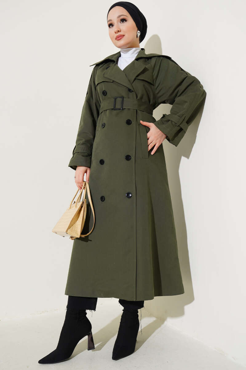 Long Lined Belted Trench Coat - Khaki
