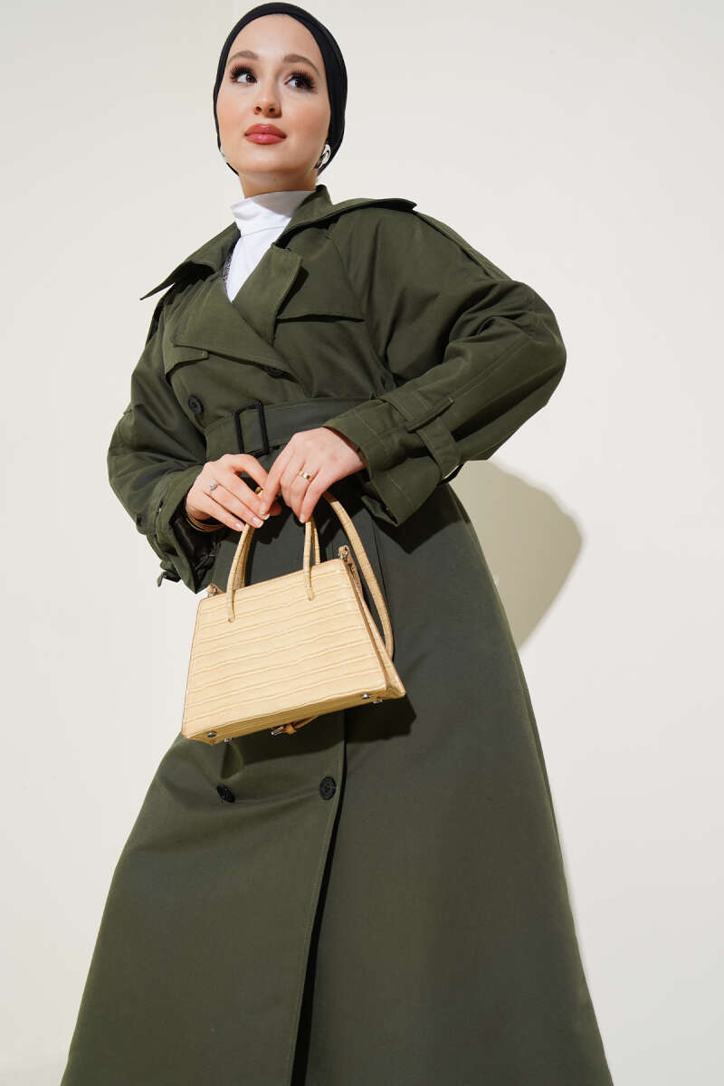 Long Lined Belted Trench Coat - Khaki
