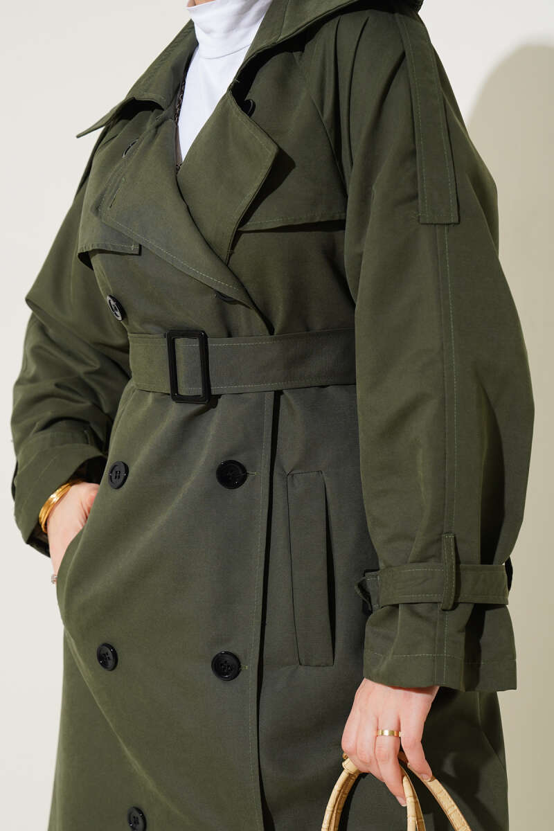 Long Lined Belted Trench Coat - Khaki