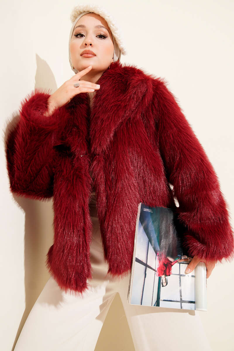Lined Lolita Faux Fur Coat - Burgundy