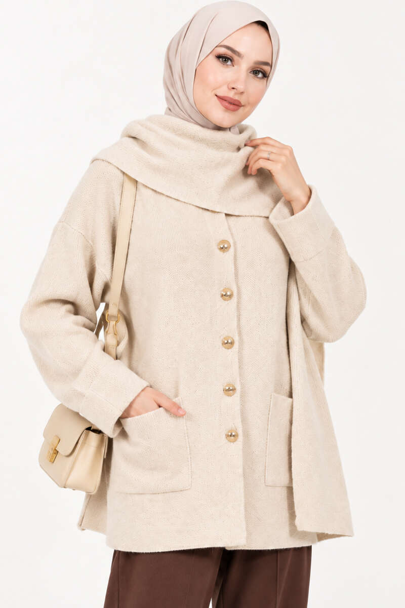 Button Knit Cardigan with Scarf - Beige