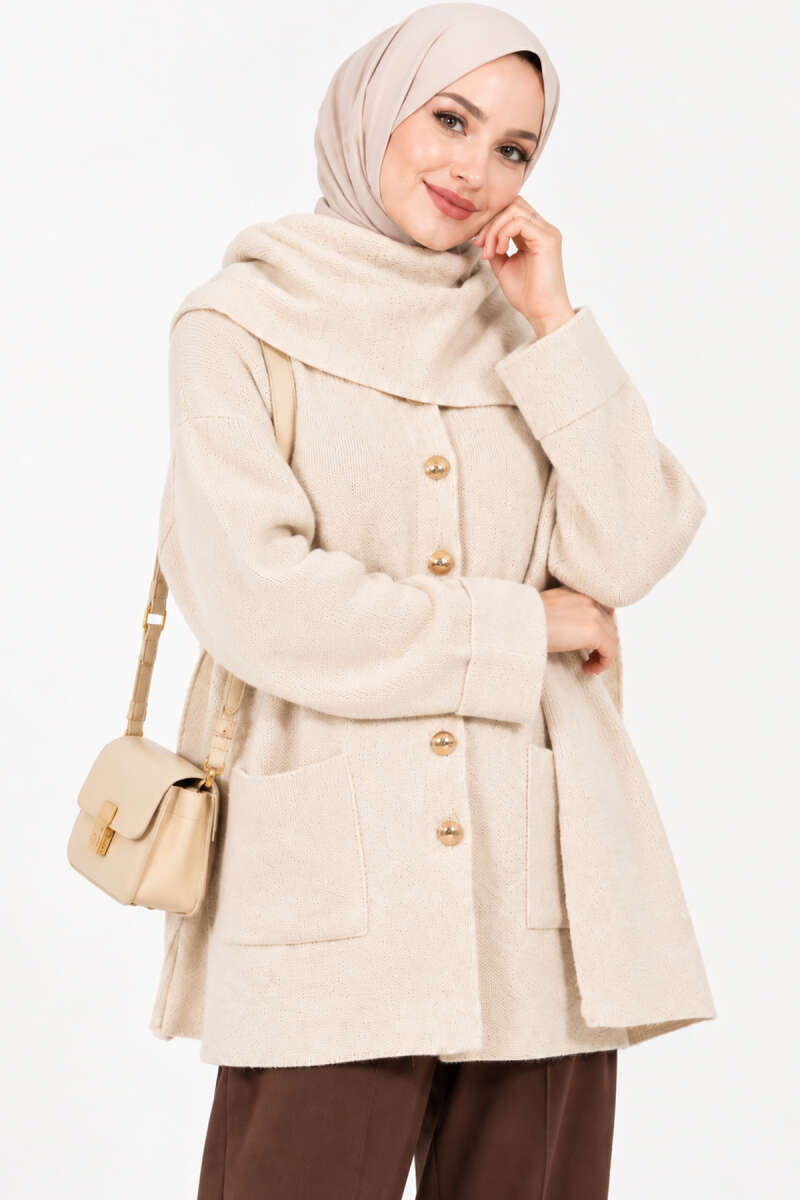 Button Knit Cardigan with Scarf - Beige