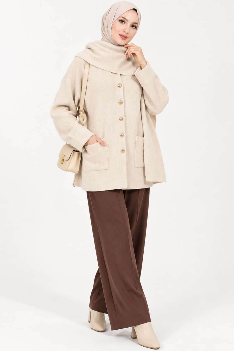 Button Knit Cardigan with Scarf - Beige