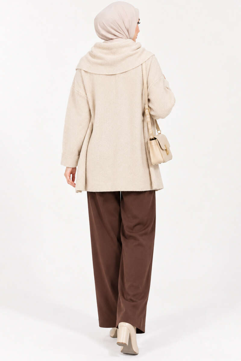 Button Knit Cardigan with Scarf - Beige