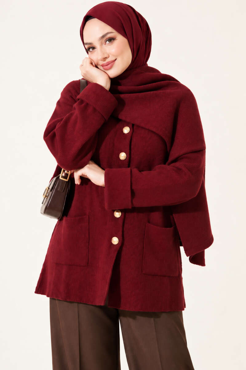 Button Knit Cardigan with Scarf - Burgundy