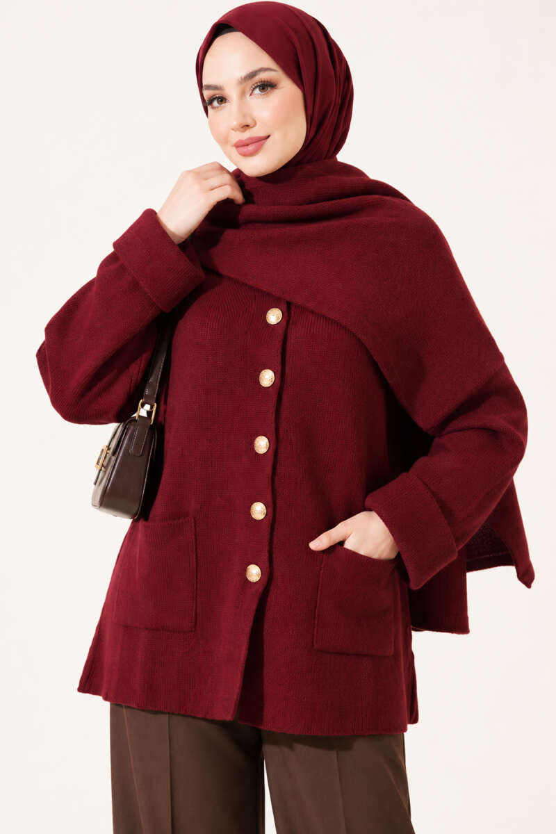 Button Knit Cardigan with Scarf - Burgundy