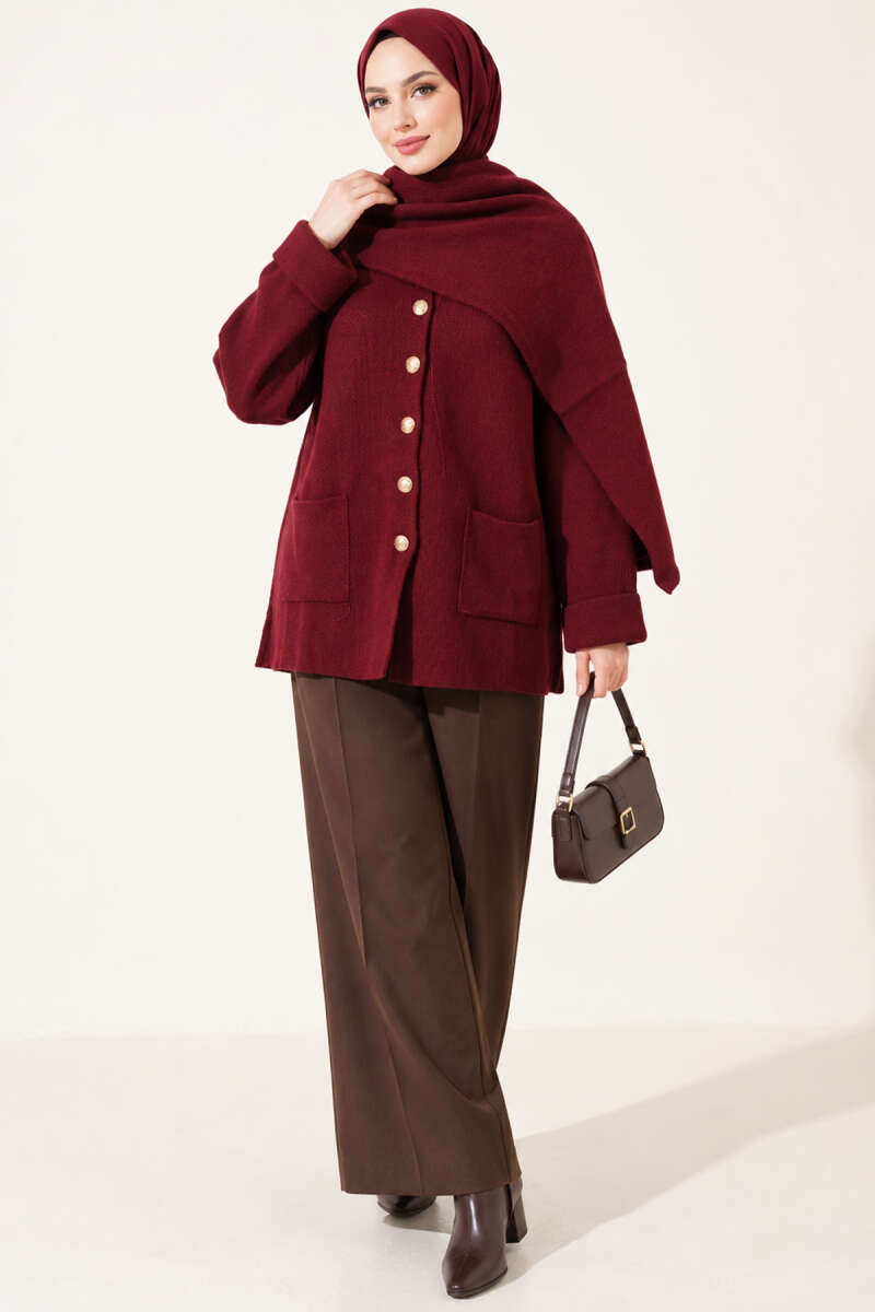 Button Knit Cardigan with Scarf - Burgundy