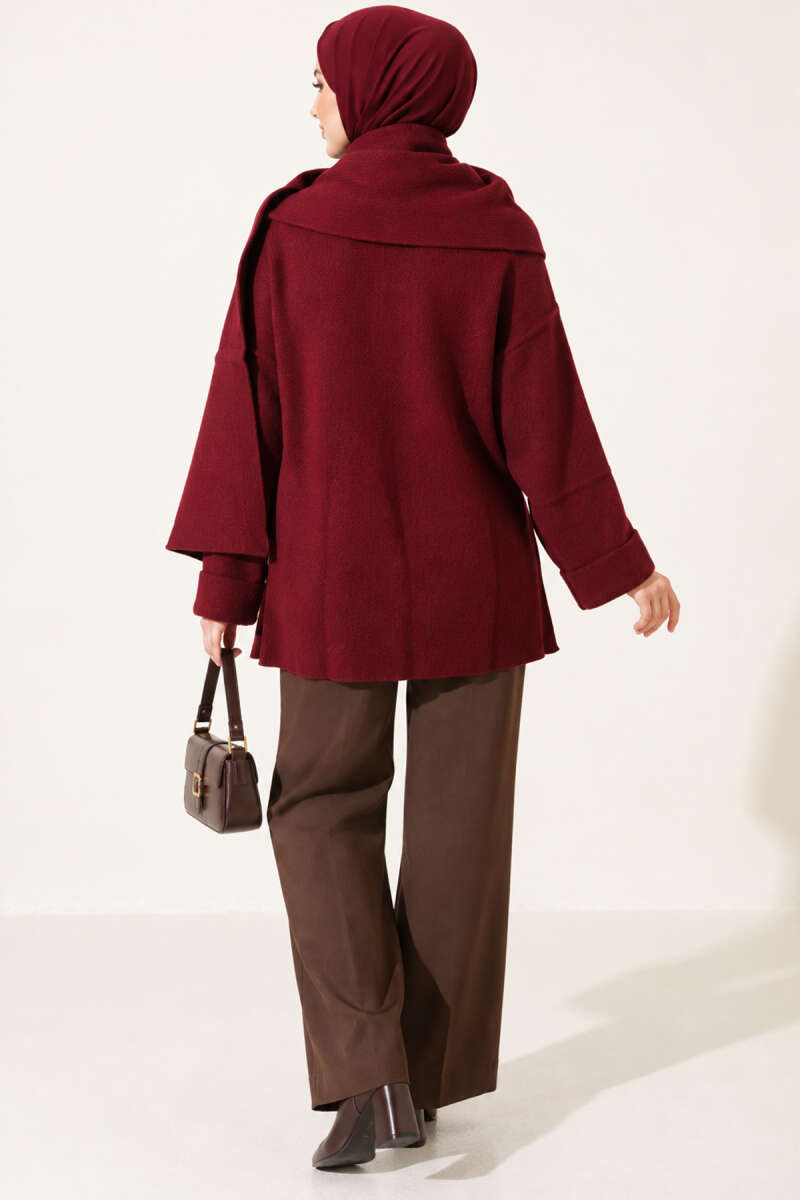 Button Knit Cardigan with Scarf - Burgundy