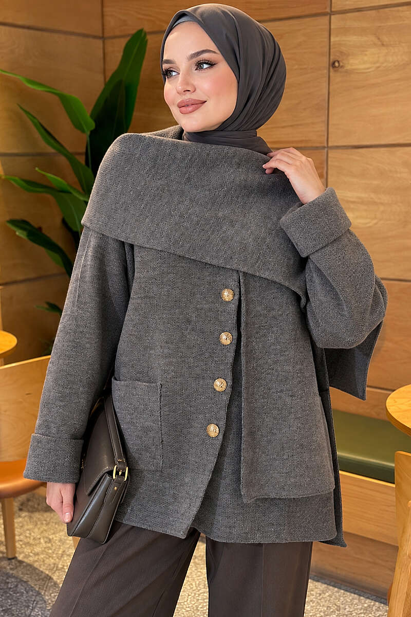 Button Knit Cardigan with Scarf - Smoke Grey