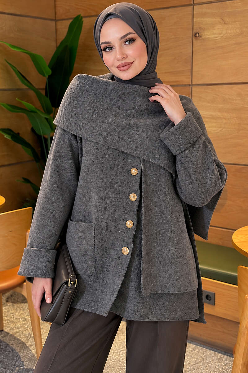 Button Knit Cardigan with Scarf - Smoke Grey