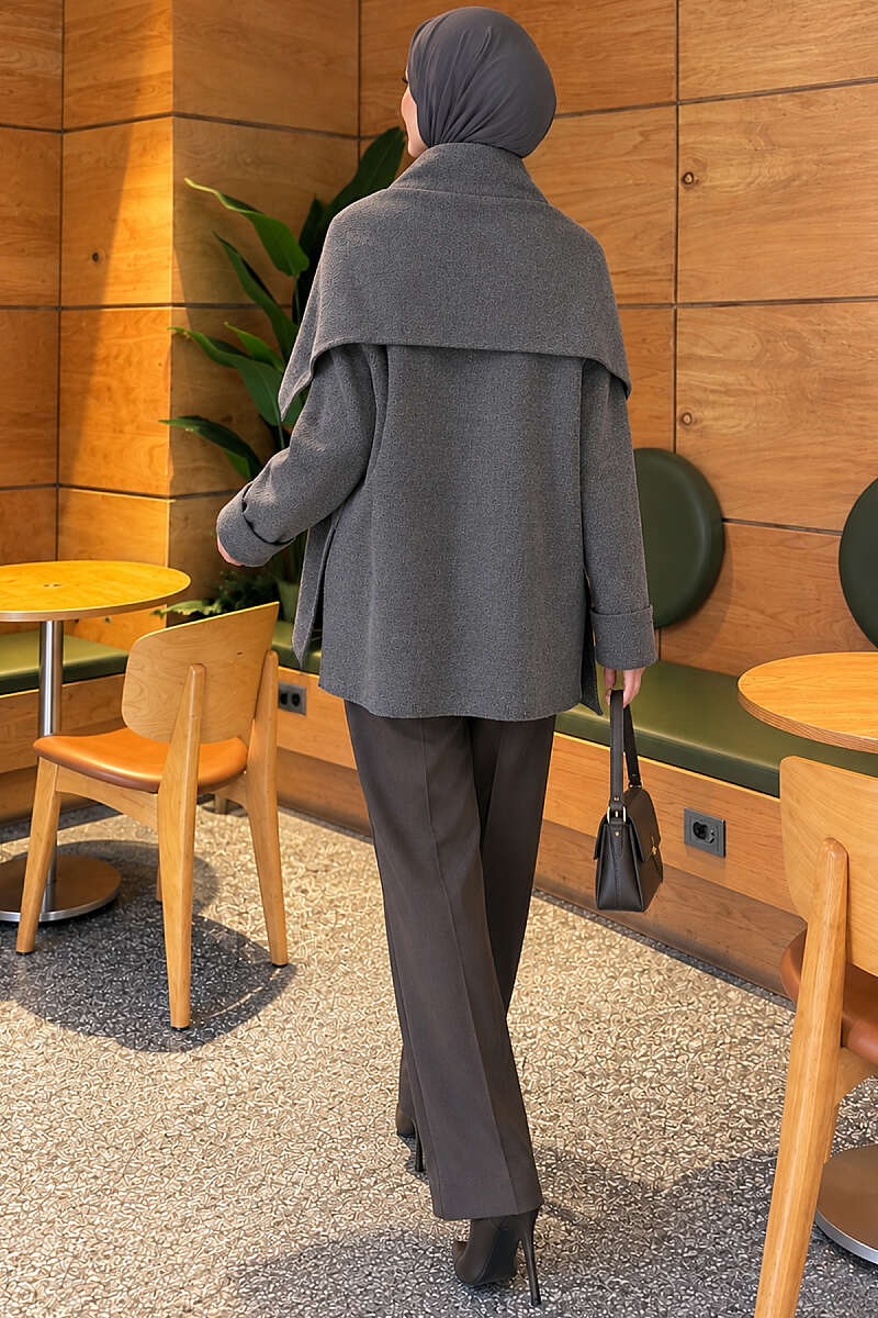 Button Knit Cardigan with Scarf - Smoke Grey