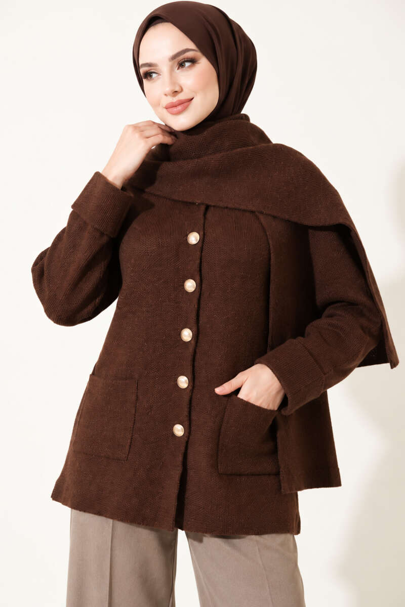 Button Knit Cardigan with Scarf - Brown
