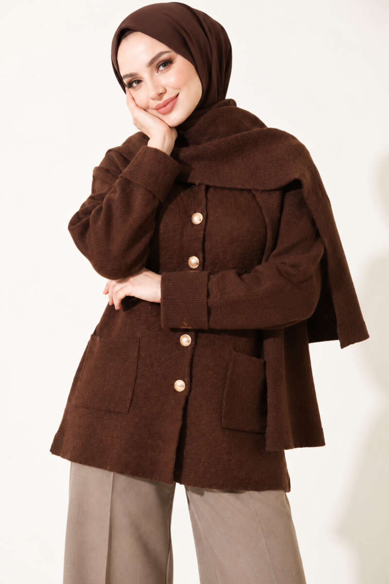 Button Knit Cardigan with Scarf - Brown