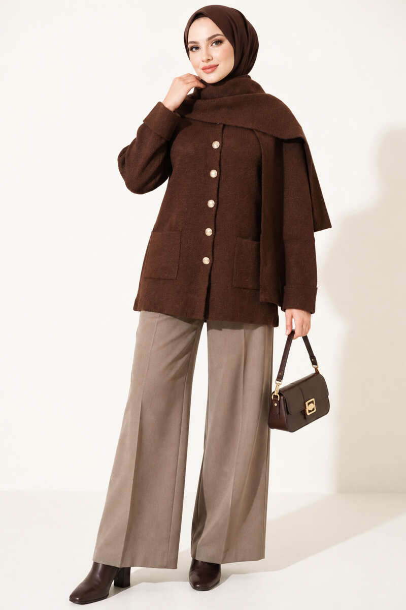 Button Knit Cardigan with Scarf - Brown