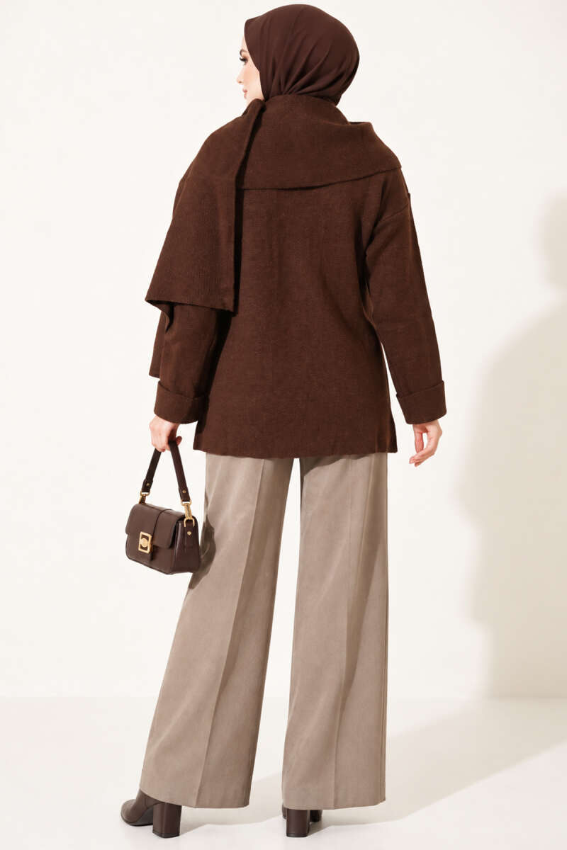 Button Knit Cardigan with Scarf - Brown