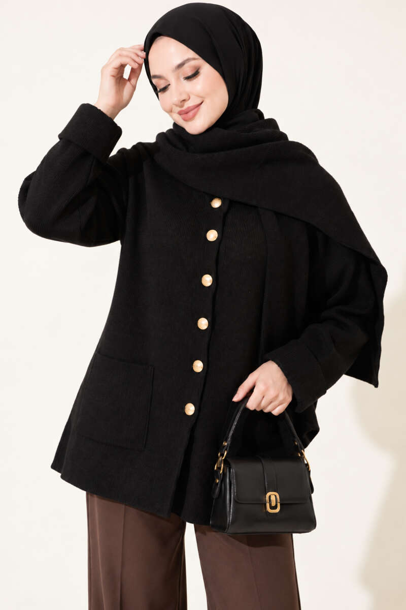 Button Knit Cardigan with Scarf - Black