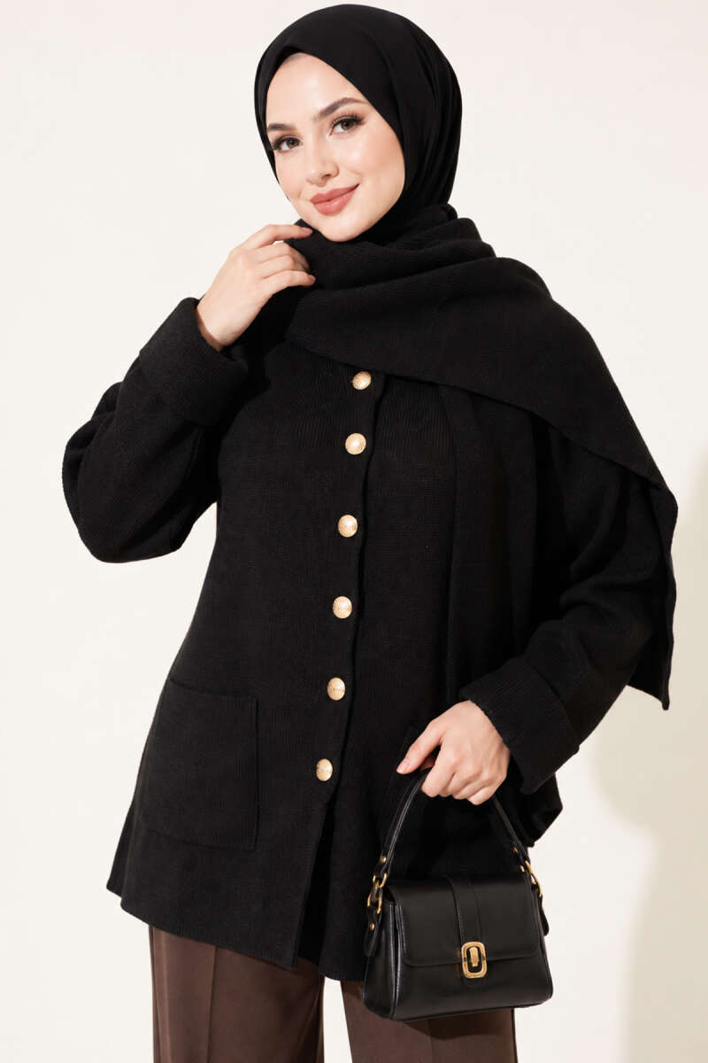 Button Knit Cardigan with Scarf - Black