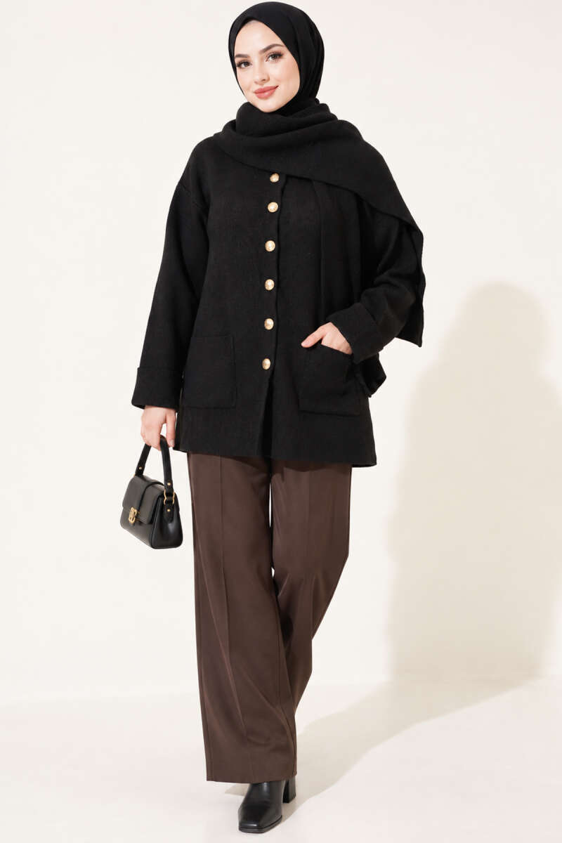 Button Knit Cardigan with Scarf - Black