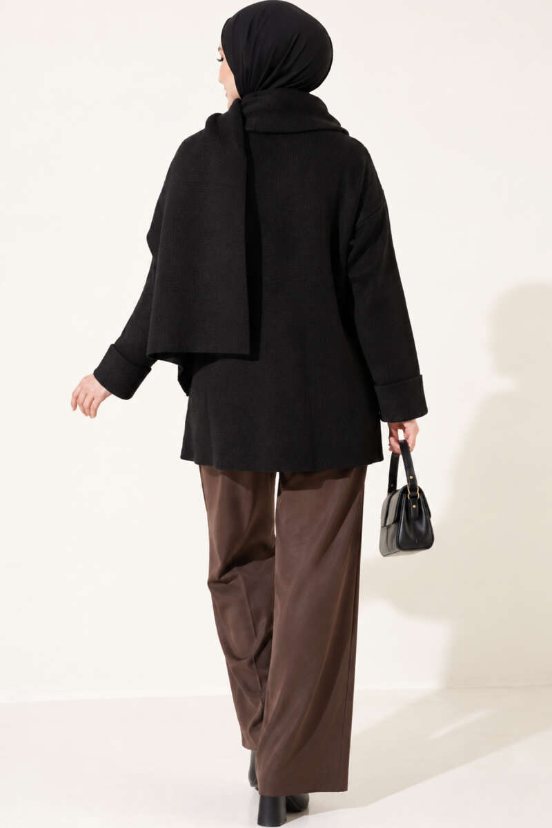 Button Knit Cardigan with Scarf - Black