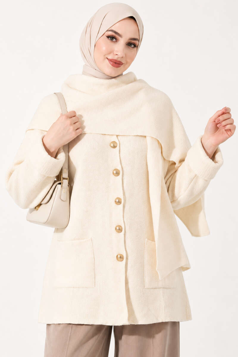 Button Knit Cardigan with Scarf - Stone